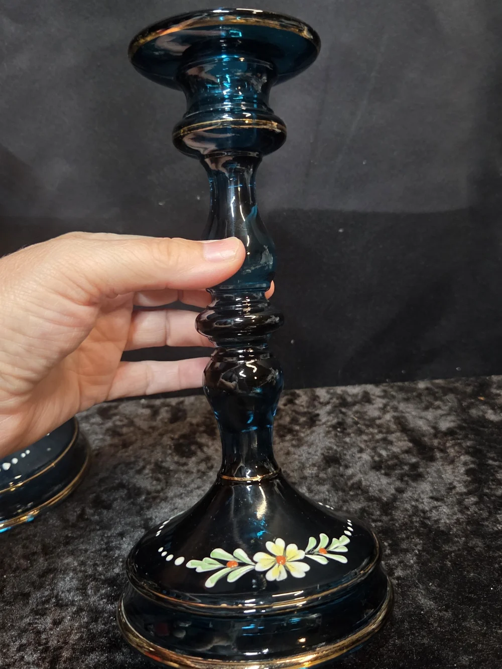 Tiffin Glass Candlestick Holders Peacock Jasper Blue Hand Painted Made In USA